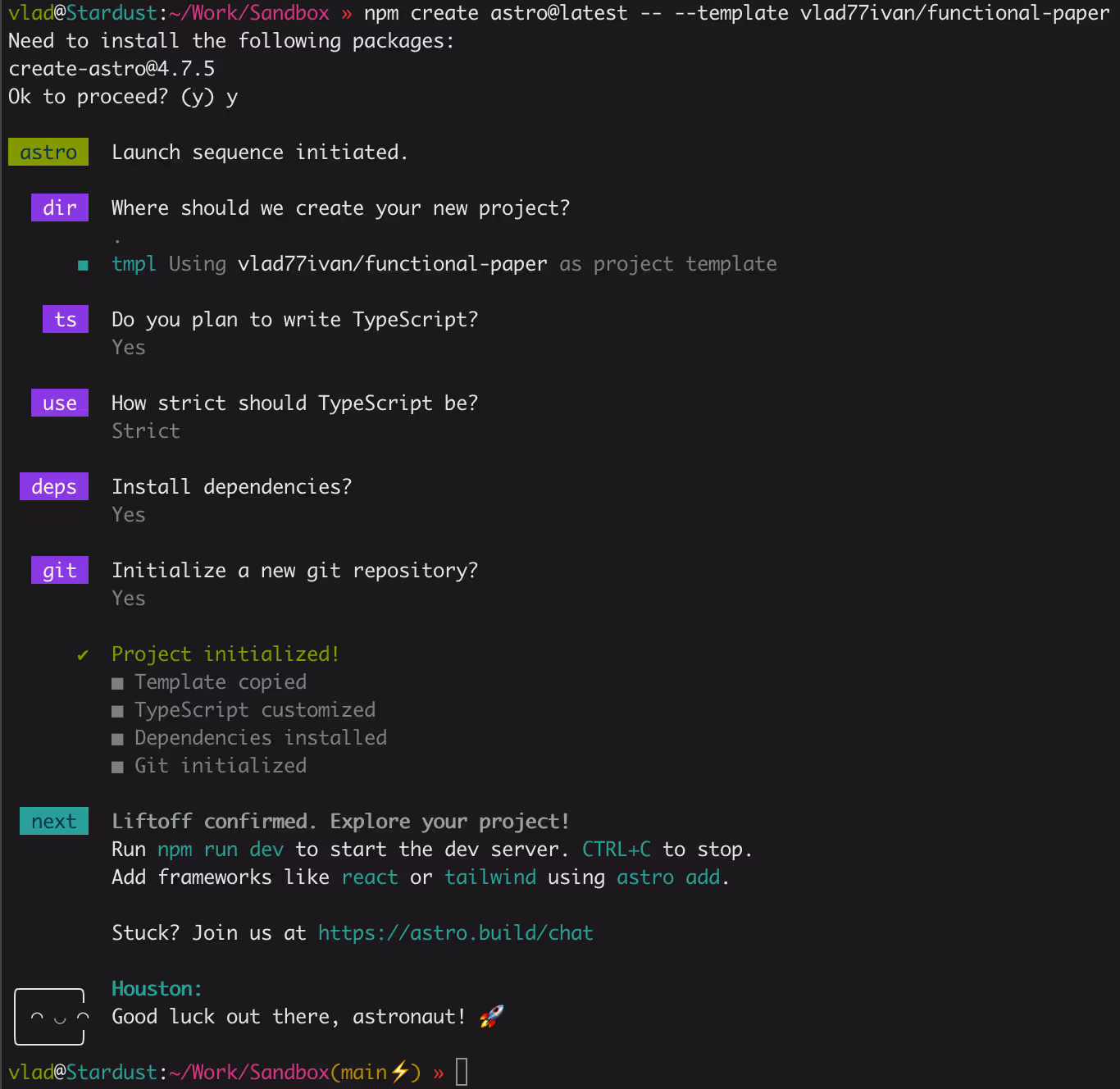 Create Astro project using Functional Paper Theme as template